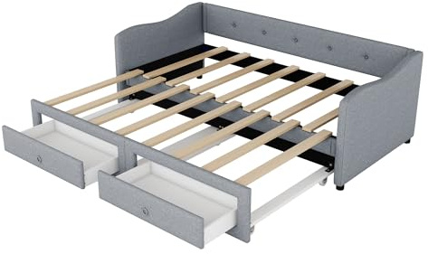SOFTWEARY Schlafsofa mit Bettfunktion, Lattenrost und Schubladen, 90x200cm/180x200cm, Einzelbett, Polsterbett, Leinen (grau)