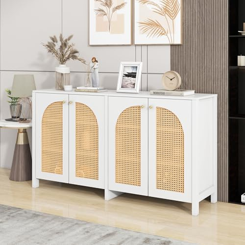 Merax Sideboard mit 4-Rattantür, Moderne Buffetschrank Mehrzweckschrank mit viel Stauraum, Verstellbare Ablage, Beistellschrank für Wohnzimmer, Esszimmer, Flur, Küche, Landhausstil, Weiß, 145x40x80cm
