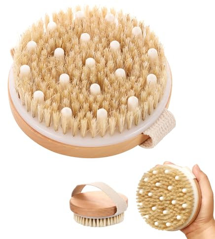 Körperbürste, Trockenbürste, Massagebürste mit Naturborsten zur Förderung der Lymphfunktion und Reduktion von Cellulite, Peeling Körperbürste, Trockenmassage für straffere Haut, 2 in 1 Peelingbürste