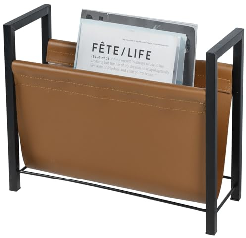 MyGift 15 Inch Modern Caramel Leatherette Magazine Holder with Rectangular Black Metal Frame, Floor Standing Faux Leather Book Storage Newspaper Rack, Home Bathroom Decor