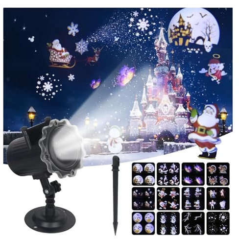 HPHPH Luci Natale Esterno, Proiettore Natalizio Effetto Animato IP65 Proiettore Halloween for Interni/Esterni 12 Motivi Fiocco di Neve/Luce del Pupazzo di Neve,Halloween, Natale.