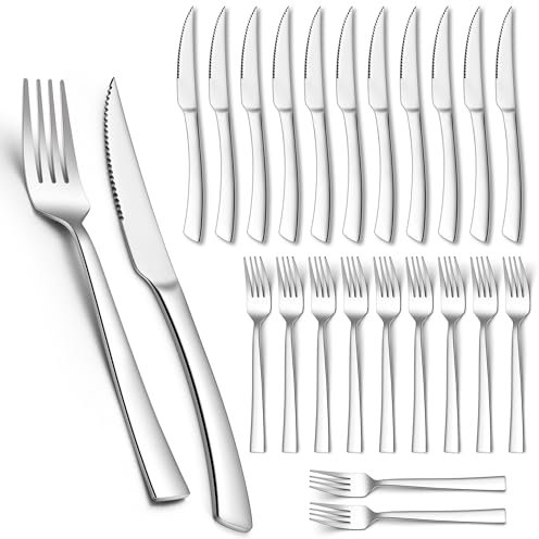 Homikit Steakbesteck Set, 24-teilig Edelstahl Steakmesser und Steakgabel, Steakbesteck Set für 12 Personen, Silber Tafelmesser Tafelgabeln für Haus Restaurant Hotel, Rostfreie & Spülmaschinenfest