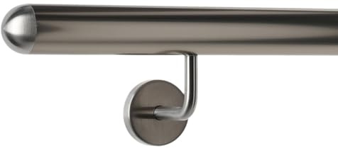 TIBU Handlauf Aluminium Edelstahl Optik 30-600cm Wandhandlauf Treppe gewinkelte Edelstahlhalter, Länge 360 cm mit 4 Halter und halbrunde Kappe
