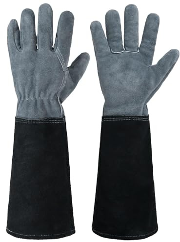 HANDLANDY Lange Gartenhandschuhe für Damen und Herren, Rindsleder, Rosenschnitthandschuhe, atmungsaktiv, dornensicher, dunkelgrau-schwarz, Größe L
