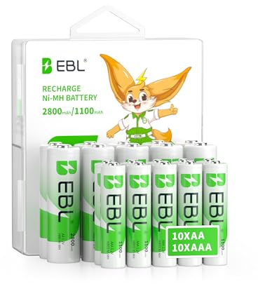 EBL 20 Pack AA AAA Pilas Recargables, 10 X 2800mAh Pilas AA Recargables y 10 X 1100mAh Pilas AAA Recargables 1.2V Ni-MH Baterías HR6 AA/HR03 AAA