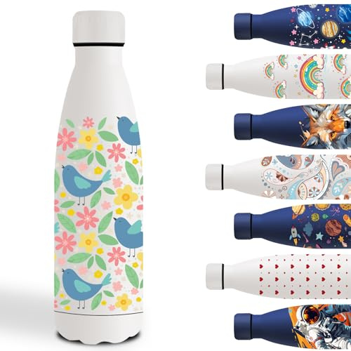 Botella Agua Acero Inoxidable 500ml, Cantimplora Acero Inoxidable, Fácil de Limpiar, Botella Agua Personalizada a Prueba de Fugas, Cantimplora sin BPA, para la Escuela, Oficina, Viajar, Pájaro- Blanco
