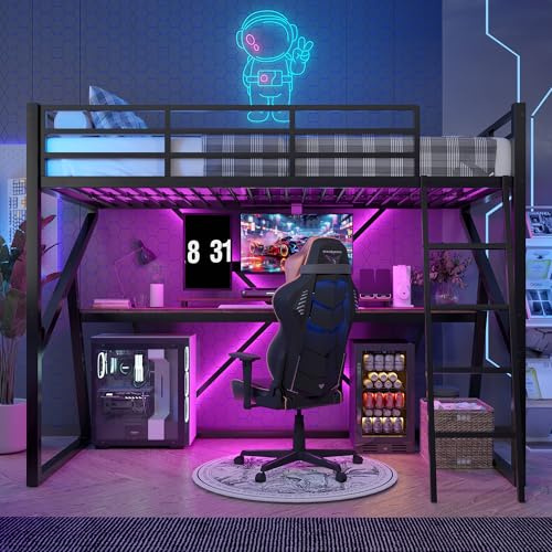 Moimhear Cama alta 90 x 200 cm, marco de hierro, barra LED, barandilla, escalera, escritorio, sin colchón (negro)