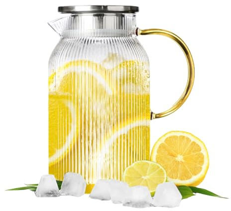 1.8L Glass Water Jug with Lid, Borosilicate Glass Pitcher with Stainless Steel Filter Lid, Heat Resistant Carafe for Hot & Cold Drinks, Fridge Juice Jug for Water, Tea, Lemonade
