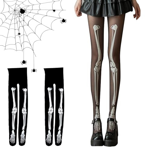 GOUYENG Skelett Strumpfhose,2 Stück Netzstrumpfhose Schwarz,Netz Strumpfhose,Skelett Kostüm,Kostüm Accessoires,Skelett Halloween Kostüm,für Karneval,Fasching,Mottoparty,Halloween
