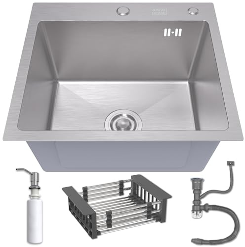 RRrawgff Fregadero de Cocina de 50 x 45 cm con sifón, escurridor y dispensador de jabón de 350 ml, de Acero Inoxidable 304, con 2 Orificios para Grifo, de una cubeta con encastre Superior.
