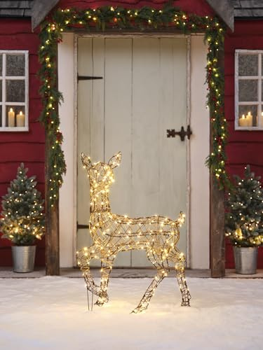 Light4fun Studley-Rattan-Hirsch aus Kunstrattan mit 190 LEDs | mit 3 Beleuchtungsmodi | strombetrieben & Timer | Rentier Hirsch | Weihnachtsdeko | wetterfest für Garten außen | Höhe 88 cm