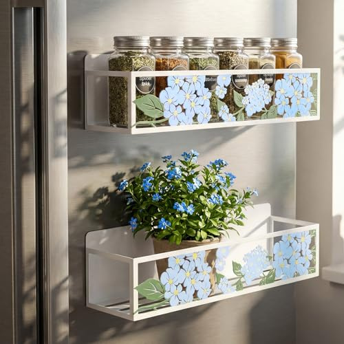 Beeveer 2 Pack Hydrangea Magnetic Spice Rack for Refrigerator Metal Magnet Basket Shelf for Fridge Seasoning Storage Organizers Home Decor Kitchen Accessories (Blue)