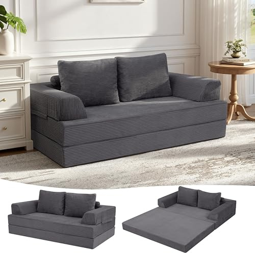 MeMoreCool Schlafsofa Cord, Klappbares Bodensofa mit Kissen, Dunkelgrau | Komfortables Boden Sofa mit Matratze und Weicher Cord Oberfläche, Ideal als Schlafplatz, Lounge oder Gästebett