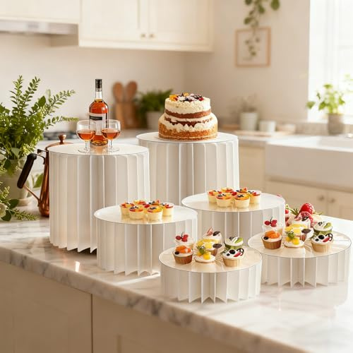 Clyfanesy 6 Pack Buffet Risers,Foldable Cardboard Cake Display Stands with Acrylic Board, Food Display Stands for Food ,Tall Cake Riser Columns for Dessert,Jewelry,Weddings,Birthday,Party Decoration