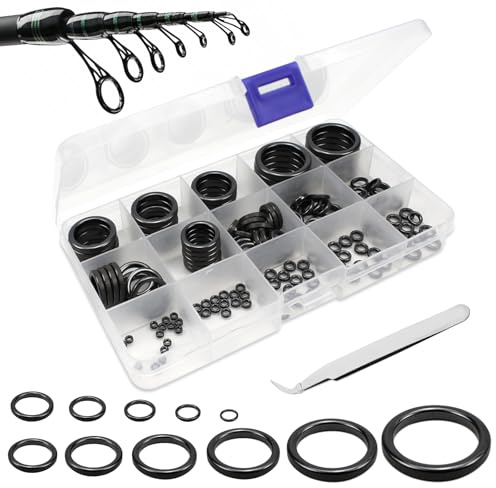 JSUOEO 160 Stück Angelrutenführung Rutenring Set, Angelrute Spitzenring mit Pinzette 12 Größen 3.7mm-30mm Angelruten Keramikführungen Angelrutenführer Reparaturzubehör (Schwarz)