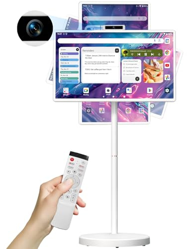OFD 32 Inch Portable TV on Wheels 1080P,Android15 OS,6GB RAM+128GB Storage,EDLA-Certified,Rolling TV Tablet Touchscreen Monitor,Built-in 9600mAh Battery,2K Webcam,Voice Remote,Speaker,Fully Rotatable