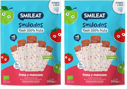 Smileat - Smilados de Frutas Ecológicas - Flash de Fresa y Manzana - Sin Azúcar Añadido, Sin Gluten - Flash para Congelar - Para Peques 6+ Meses - 5x50g (250gr) (Paquete de 2)