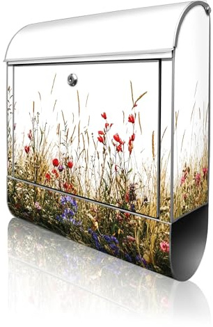 banjado Design Briefkasten personalisiert 38,5x46,5x13cm & 2 Schlüssel - Briefkasten Stahl Weiß Zeitungsfach pulverbeschichtet - Postkasten A4 Einwurf inkl. Montagematerial - Motiv Sommerliche Blumenw