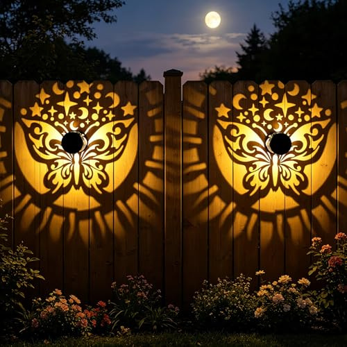 2 Pack Solar Lantern Wall Lights Outdoor, IP65 Waterproof Butterfly Solar Lanterns Garden Fence Lights, Auto On/Off Butterfly Light Garden Ornaments for Patio Yard Pathway Stairs Lawn