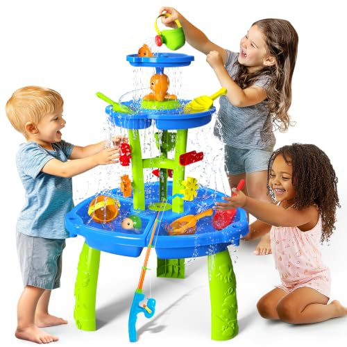 CozyBomB™ 3-Tiers Water Table for Toddlers, Outdoor Water Play Table with Magnetic Fishing Game, Splash Pond, Shower & Sand Sensory Activity, Plastic, Ages 3-8