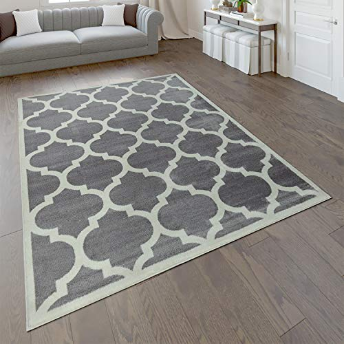 Paco Home Designer Teppich Marokkanisches Muster Kurzflorteppich Modern Trend Grau Weiß, Grösse:120x170 cm