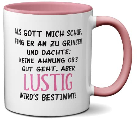 Kilala Kaffetasse mit lustigem Spruch Als Gott mich schuf, Kaffeebecher inkl. Geschenkverpackung, Weiß mit Rosa