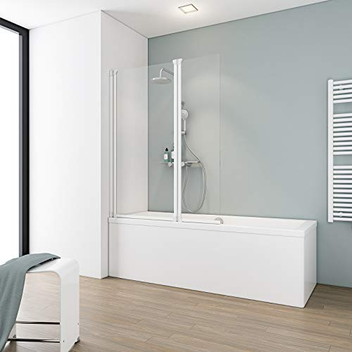 Schulte sopravasca da bagno l.104 x a.130 cm, alpino bianco, 2 ante (64+40) pieghevoli, vetro parete per vasca da bagno, girevole 180° contro la parete, vetro di sicurezza 3 mm trasparente