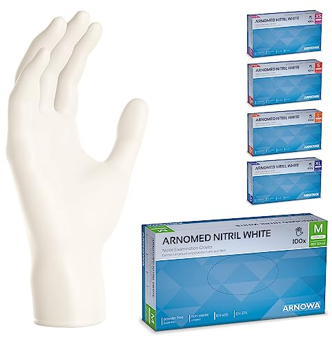 100x ARNOMED® Guanti nitrile M Bianco, Guanti monouso senza polvere e lattice, Guanti plastica usa e getta dermanytril, Per cucina, pulizia casa, alimenti e tattoo XS, S, M, L, XL