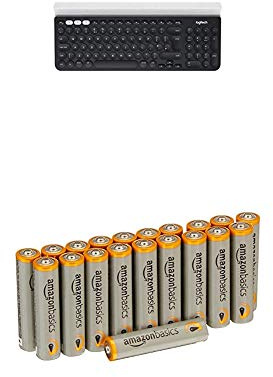 Logitech K780 Multi-Device Wireless USB, Bluetooth Keyboard, Wireless Keyboard for Windows, Mac, Chrome OS, iOS, Android, Switch Between Devices, Quiet Keyboard, QWERTY UK Layout, Dark Gray/White with Amazon Basics Batteries