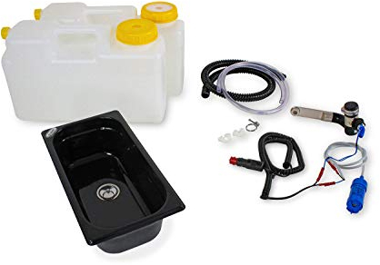 Wasseranlage Imbisswagen Verkaufsanhänger Campingküche Wohnmobil Caravan 12v Bausatz Spüle dunkel 325x176x100 Barwig Schwarz/chrom Raumsparkanister 12L (ad-ideen)