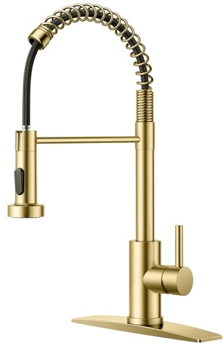 FORIOUS Gold Kitchen Faucet with Pull Down Sprayer, Stainless Steel Commercial Single Handle Classic Spring Pull Out Sink Faucet for Pot Filler, Farmhouse Camper Bar Laundry Room