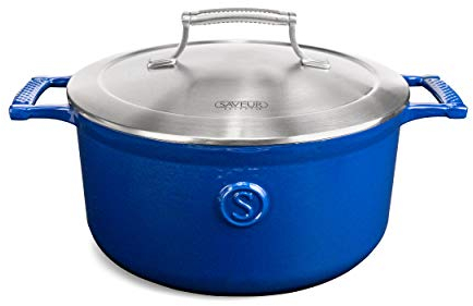 SAVEUR SELECTS 25cm / 5QT Enameled Cast Iron Casserole with Stainless Steel Insulating Double-Walled Lid |Non Stick,Oven Safe 4.7L PFOA & PFAS-Free Cooking Pot Dutch Oven -Voyage Series -Classic Blue
