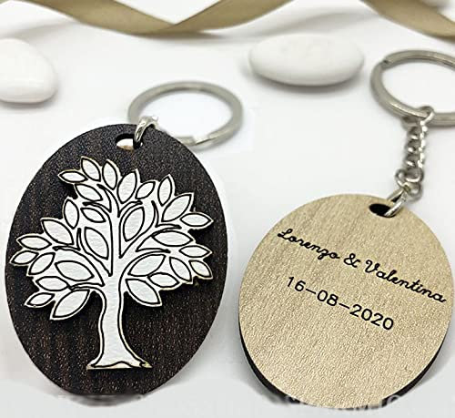 Ingrosso e Risparmio 20 Portachiavi bomboniere in Legno con Ciondolo Ovale e Albero della Vita, Idee per pensierini Nozze, Comunione, Battesimo (con Personalizzazione-Senza confezionamento)