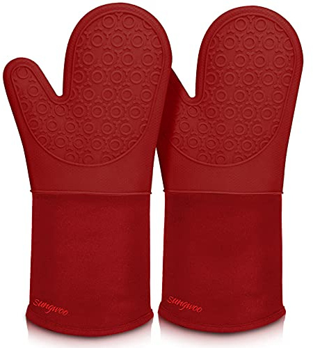 sungwoo Extra Long Silicone Oven Mitts, Heat Resistant Oven Gloves with Quilted Liner Non-Slip Textured Grip Perfect for BBQ, Baking, Cooking and Grilling - 1 Pair 14.6 Inch Empire Red