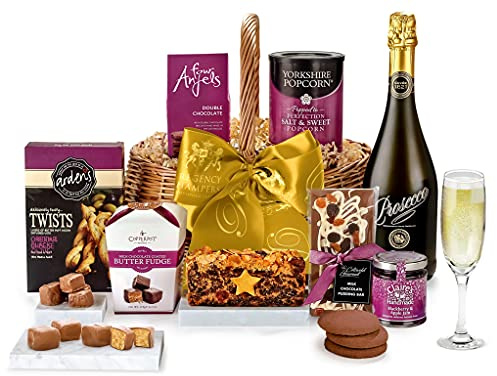 Gourmet Food & Drink Basket - Kemble Prosecco Hamper with Cheese Twists, Popcorn, Chocolate Biscuits, Jam, Fruit Cake - Luxury Food & Drink Gifts, Prosecco Gifts for Him, from Regency Hampers