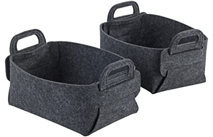 WENKO Filzkorb Nina S, 2er Set Aufbewahrungskörbe aus recyceltem Polyesterfilz, platzsparend faltbare Filzkörbchen mit praktischen Tragegriffen&je 2,4L Fassungsvermögen, 19x14x9cm, Dunkelgrau,69793800