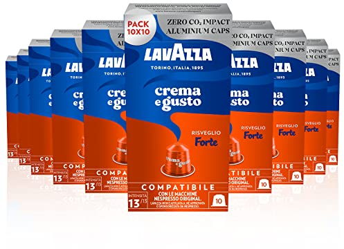 Lavazza, Crema e Gusto Forte, 100 Capsule in Alluminio Compatibili con Macchine Nespresso Original, con Note di Cacao e Legno, Arabica e Robusta, Intensità 13/13, Tostatura Scura, 10 Confezioni