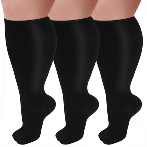 GET-FA 3 Pairs Plus Size Compression Socks for Women and Men Wide Calf 20-30mmhg Extra Large Knee High Support for Circulation