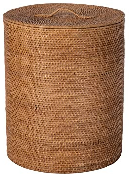 KOUBOO Loma Round Rattan Hamper & Laundry Basket with Lid - Stylish Storage Decor Wicker, Storage Hamper - Organizer & Blankets for Every Room, Brown