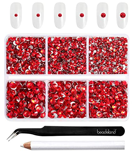 Beadsland 4300 Stück Rot Strasssteine mit flacher Rückseite,Nagelsteine, runde Kristall-Strasssteine zum Basteln, gemischt in 6 Größen, mit Picking-Pinzette und Wachsstift-Set, SS6–SS20,Helles Rot