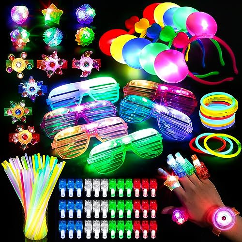 Mocoosy 103PCS Glow in the Dark Party Supplies, Light Up Party Favours for Kids Christmas Carnival Neon Toys Party Packs With Glow Sticks, LED Glasses, Spinner Bracelets, Finger Lights,Ring, Headbands