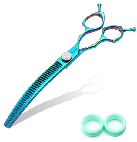 Professional Curved Thinning Shears Dog Grooming Scissors 7.5'' Blue Green Curved Chunkers Shears for Grooming Large Dogs Pet 35 Teeth Japan 440C(Curved Chunkers,Turquoise)