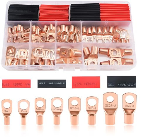YIXISI 120 PCS M6/M8 Copper Tube Terminals Kit, Battery Cable Ends Terminals, with Heat Shrink Tubing, for Electric, Auto, Golden