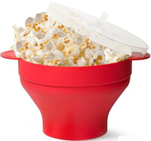 Microwave Popcorn Popper with a lid and convenient built-in handles, Silicone Popcorn Maker, Collapsible Bowl & Dishwasher Safe - large bowl can hold up to 15 cups of popcorn (Red)