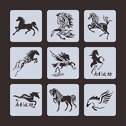 9 Stück 13 x 13 cm Tiere Pferd Wiederverwendbare Malschablonen Liebe Home Vorlage zum Malen auf Holz, Veranda, Haustür, Wand Wohnkultur