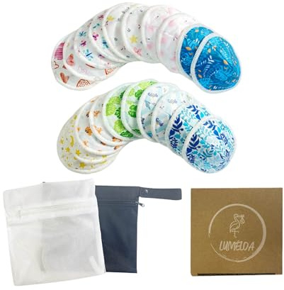 Pack 20 Coussinets d'allaitement motifs colorés lavables en fibre de bambou triple épaisseur confortables réutilisables ultra absorbants + pochette de rangement transport étanche + filet de lavage