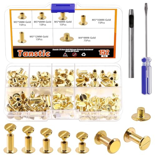 Tanstic 152Pcs(75 Sets) Chicago Screws Assorted Kit, M5 x 5/6/8/10/12mm Flat Head Leather Rivets Chicago Screws Binding Screw Posts Nail Rivet with Install Tool for Leather Craft Bookbinding(Gold)