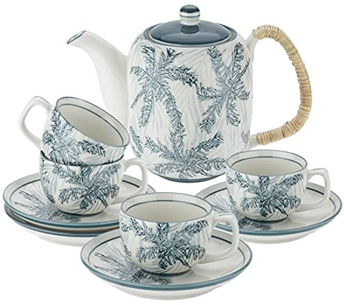 TERESA'S TEASET Ceramic Tea Sets for adults with Teapot 32-Ounce, Tea Cups Set for 4, English Tea Set for Tea Party, Microwavable Easy to Clean, Blue Grey