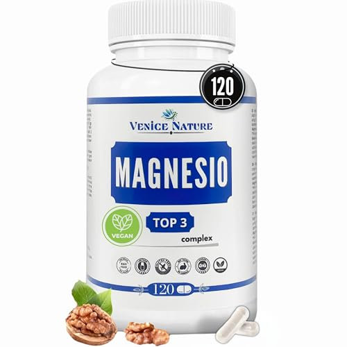 Magnesio Completo 400mg elementare (2x200mg) di Puro Magnesio Complex 120 capsule Vegan, Magnesio Complesso con Bisglicinato + Citrato + Ossido Vegano 106% VNR – Venice Nature