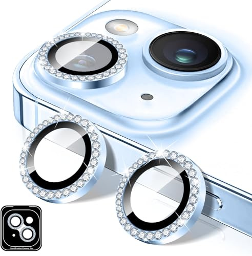 Kucheed Diamond Camera Lens Protector Compatible for iPhone 13/13 Mini, Bling Tempered Glass Camera Cover, Individual Automatic Alignment Metal Rings, Glitter Phone Lens Cover Film Stickers
